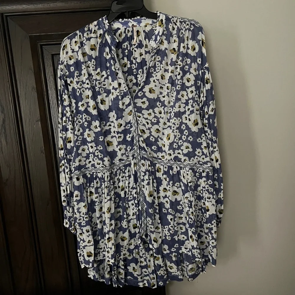 Free People Blue Floral‎ Dress XS Tiered Button Front Boho